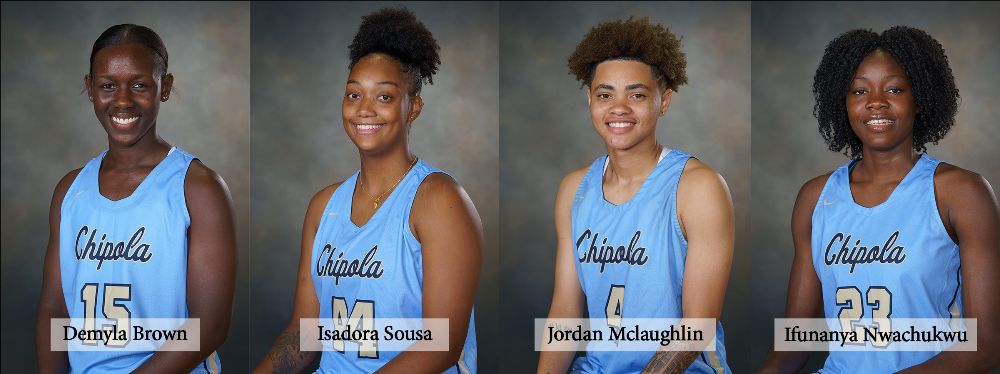 A collage of team portraits of Chipola Women's Basktball players who were named to the 2021 All-Panhandle Conference Team: De'Myla Brown, Isadora Sousa, Jordan McLaughlin and Ifunanya Nwachukwu.