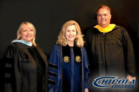 Professors Terolyn Lay and Stan Young were chosen by their peers to receive the Kirkland Award for Excellence in Teaching at the 2022 Chipola College Commencement ceremony. Pictured from left are: Dr. Terolyn Lay, Chipola College President Dr. Sarah Clemmons and Stan Young. 