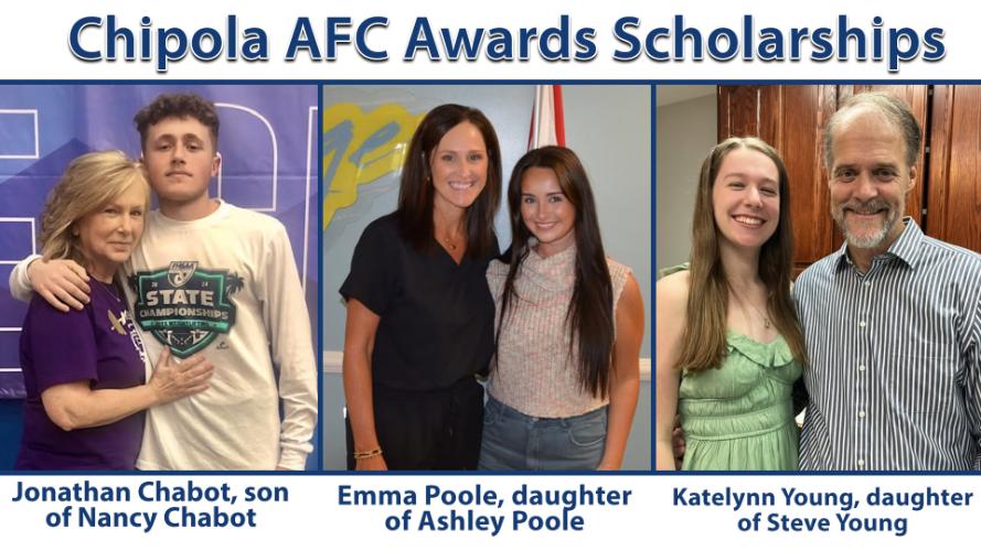 Chipola AFC Awards Scholarships Jonathan Chabot, son of Nancy Chabot; Emma Poole, daughter of Ashley Poole; and Katelynn Young, daughter of Steve Young.