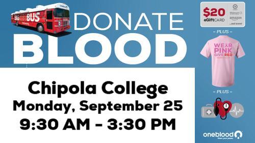 Donate Blood at Chipola College Monday, September 25th from 9:30 a.m.- 3:30 p.m.