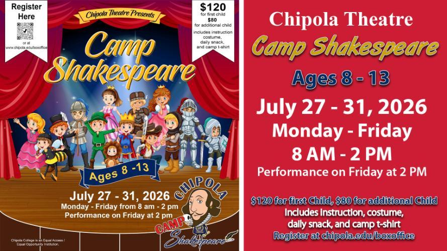Chipola College Theatre will host “Camp Shakespeare,” a weeklong summer program for students ages 8–13, from July 27–31, 2026. The camp will run Monday through Friday, 8:00 a.m. to 2:00 p.m., with a final performance scheduled for Friday at 2:00 p.m.