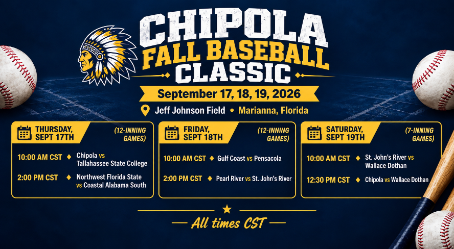 Chipola Fall Baseball Classic Thursday’s games begin with Chipola taking on Tallahassee State College at 10 a.m., followed by Northwest Florida State against Coastal Alabama South at 2 p.m.