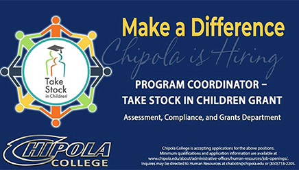 Make a Difference Chipola is Hiring: Program Coordinator - Take Stock in Children Grant; Assessment, Compliance, and Grants Department