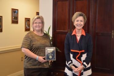 Wendy Pippen has been selected for the Chipola College Faculty/Administrator/Other Professional Award of the month for November. Pippen serves as an Associate Vice President of Human Resources and has worked at the college since 2003. Pictured from left are, Wendy Pippen and Chipola College President, Dr. Sarah Clemmons.