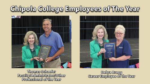 2023 Employees of the Year. First pictureis Chipola President Dr. Sarah Clemmons and Cornelius Clark. Second picture is Dr. Willie Spires, Linda Morales and Chipola President Dr. Sarah Clemmons. 