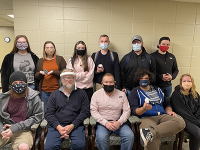 English education and Technology students team up. Pictured from left, are: (front) Jeremy Porter, Professor Kurt McInnis, Dr. David Bouvin, Jibrail Rodriguez, Emily Fuller, (back) Emily Broom, Morgan Bellville, Breanna Bennett, Austin Strickland, Logan Baxley and Chase Corbin. Not pictured:  Kristen Chambliss.