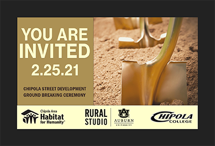 A photo of a golden shovel in the ground and the text: you are invited, 2/25/21, Chpila Street DEvelopment Ground Breaking Ceremony. Chipola Area Habitat for Humanity, Rural Studio at Auburn University, and Chipola College