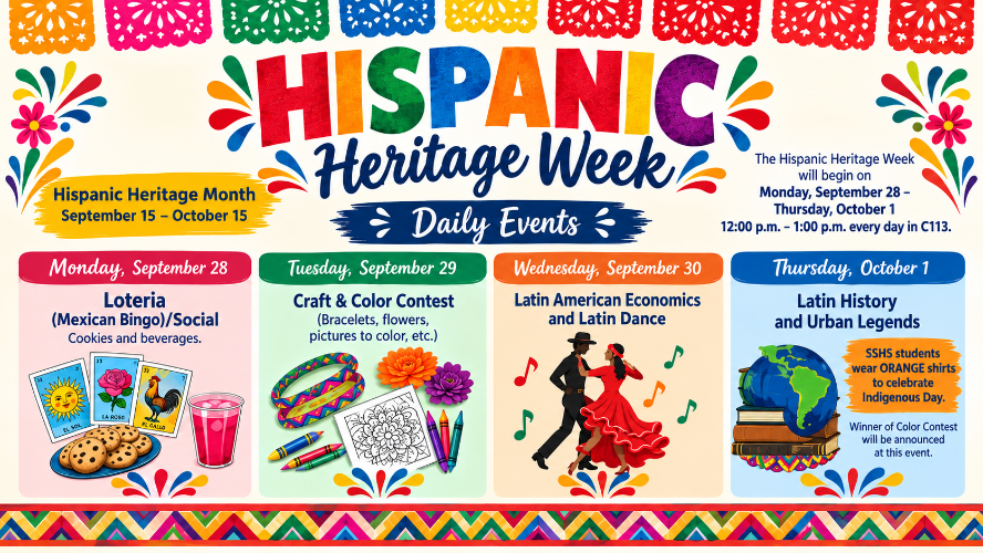 Colorful Hispanic Heritage Week graphic promoting Chipola College activities Sept. 28-Oct. 1, held daily from noon to 1 p.m. in Room C113. Events include Lotería and a social on Monday, a craft and coloring contest Tuesday, Latin American economics and Latin dance Wednesday, and Latin history and urban legends Thursday.