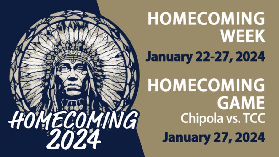Chipola will celebrate Homecoming the week of January 22 – 27, 2024.  The Indians will host the Tallahassee Community College Eagles on Saturday, January 27th and this year’s theme is “Future Focused”.  The Chipola College 2024 Homecoming Queen and Mr. Chipola will be crowned at halftime of the men’s basketball game on January 27th.