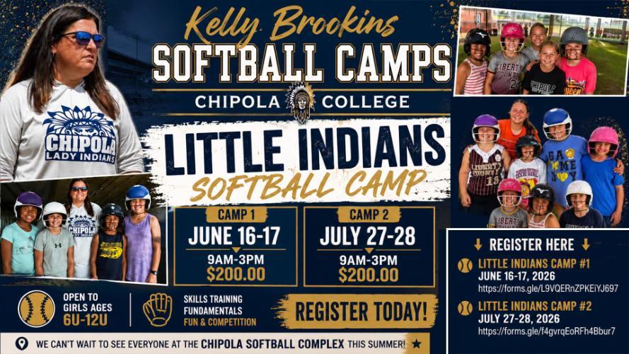 Led by Head Coach Kelly Brookins, her coaching staff, and current Chipola Softball players, the camps are open to girls ages 6U through 12U and will focus on skill development, fundamentals, games, and friendly competitions. Two camp sessions will be offered during the summer of 2026: Little Indians Camp #1 June 16–17, 2026 Little Indians Camp #2 July 27–28, 2026