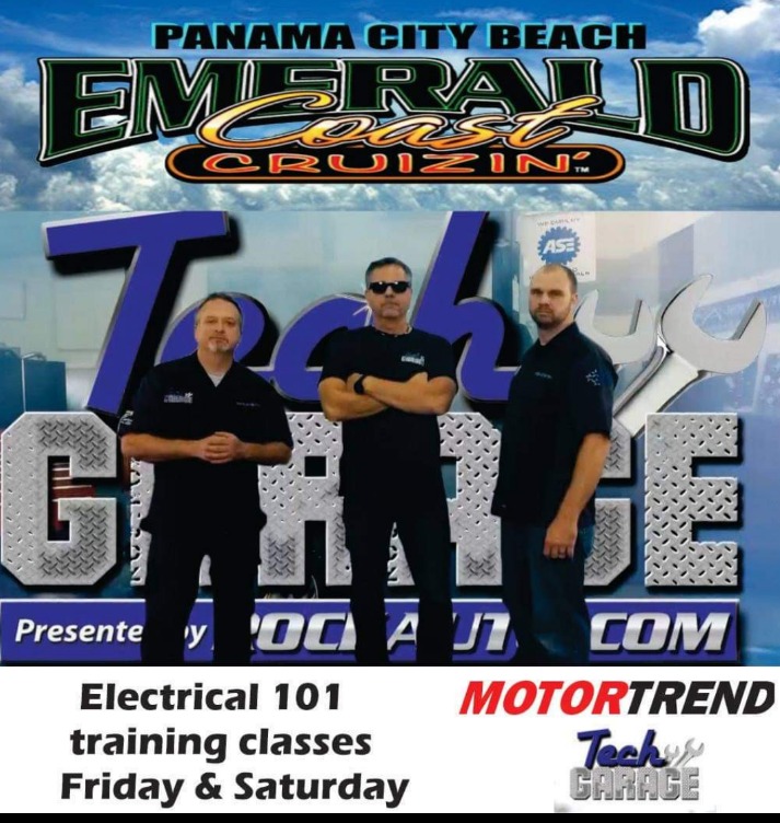 A poster for Emerald Coast Cruizin featuring three men and the Tech Garage logo, advertising Electrical 101 training clases on Friday and Saturday.