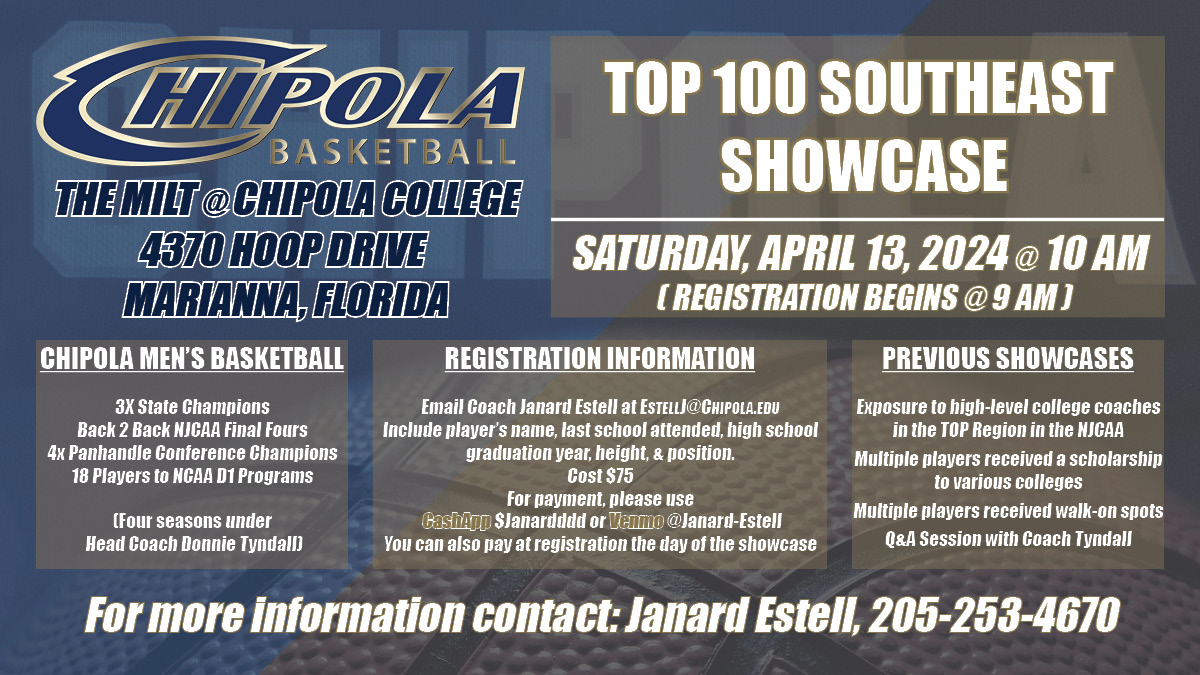 Chipola College Basketball will host a Top 100 Southeast Showcase on Saturday April 13, 2024 at 10 a.m. at The Milt. The showcase provides participants exposure to high-level college coaches in the TOP Region in the NJCAA. During previous showcases, multiple players received a scholarship to various colleges and received walk-on spots. Players also received a Q&A session with Coach Tyndall. The I