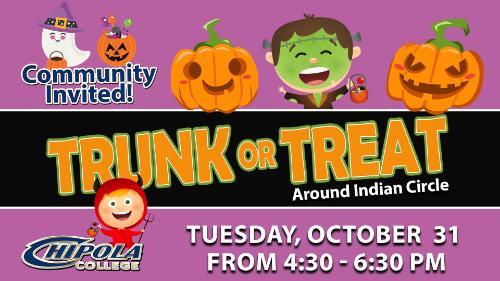The community is invited to Trunk or Treat around Chipola's Indian Circle on Tuesday, October 31st from 4:30- 6:30 p.m.