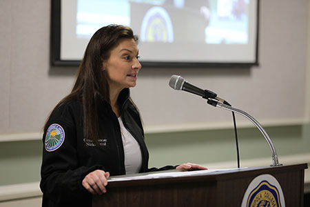Florida Agriculture Commissioner Nikki Fried speaks at a podium at Chipola College
