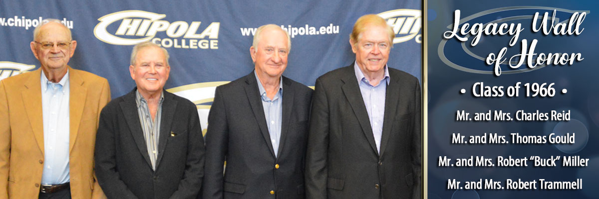 Legacy Wall of Honor photo of  members Mr. and Mrs. Robert Trammell  Mr. and Mrs. Thomas  Gould  Mr. and Mrs. Robert Buck Miller  Mr. and Mrs. Charles Reid class of 1966 standing in front of the chipola backdrop