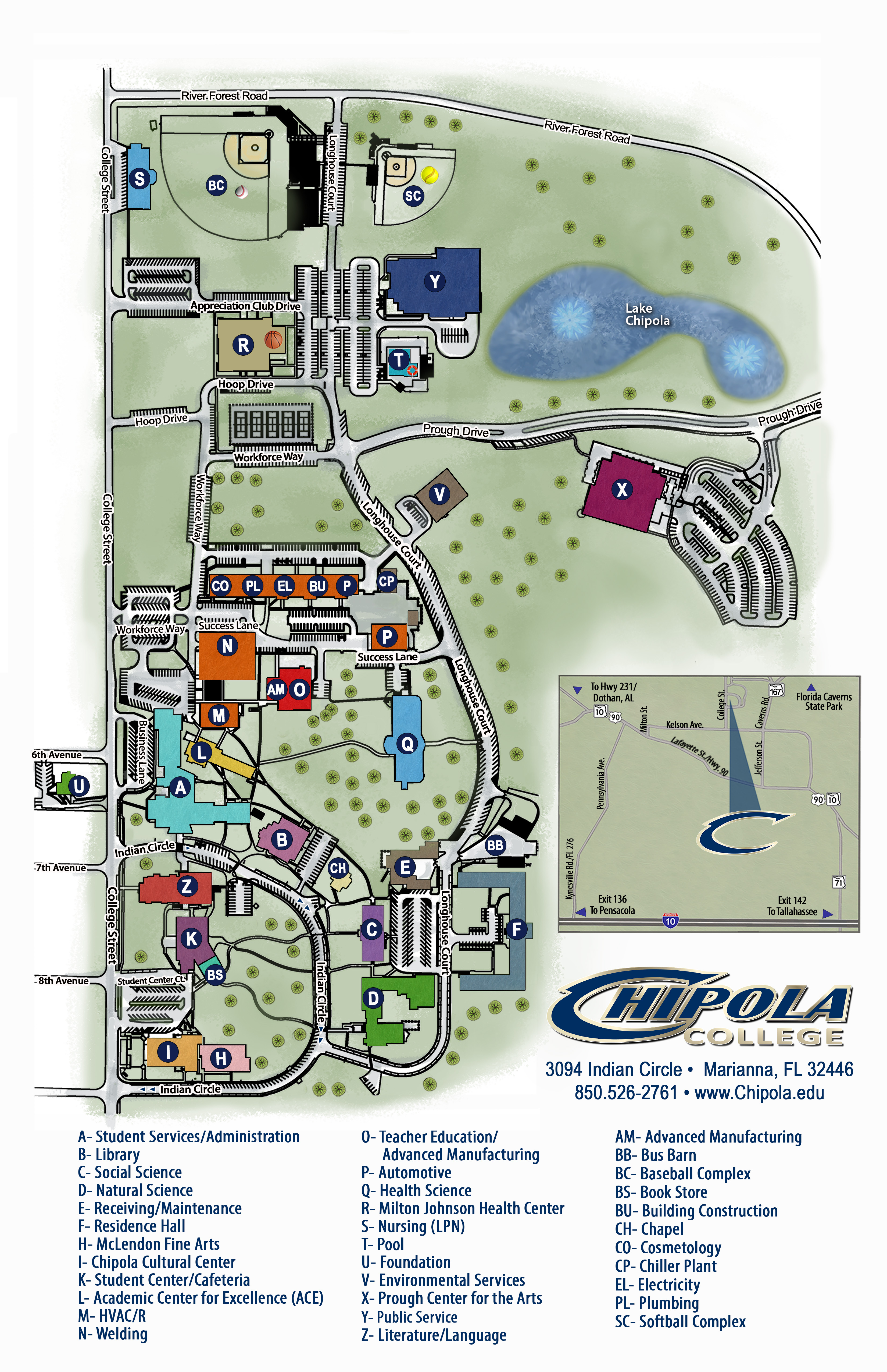 Color-coded Chipola College campus map showing building locations by letter