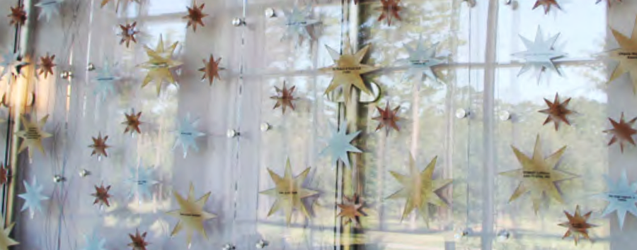 A wall at the Chipola College Center for the Arts decorated by a stars bearing names of donors