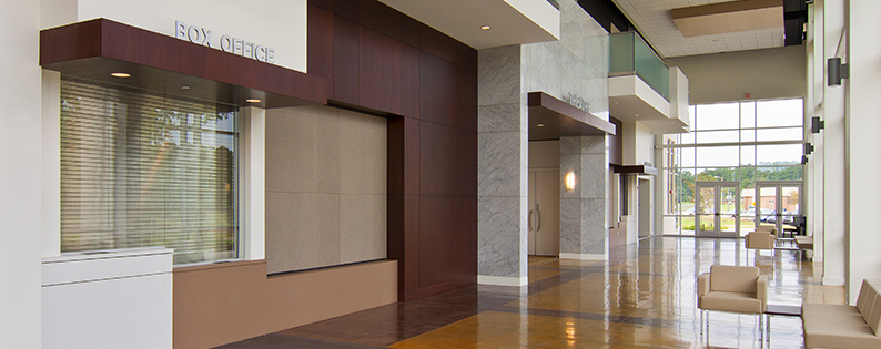 An external view of the Chipola Center for the Arts Box Office, from the lobby.