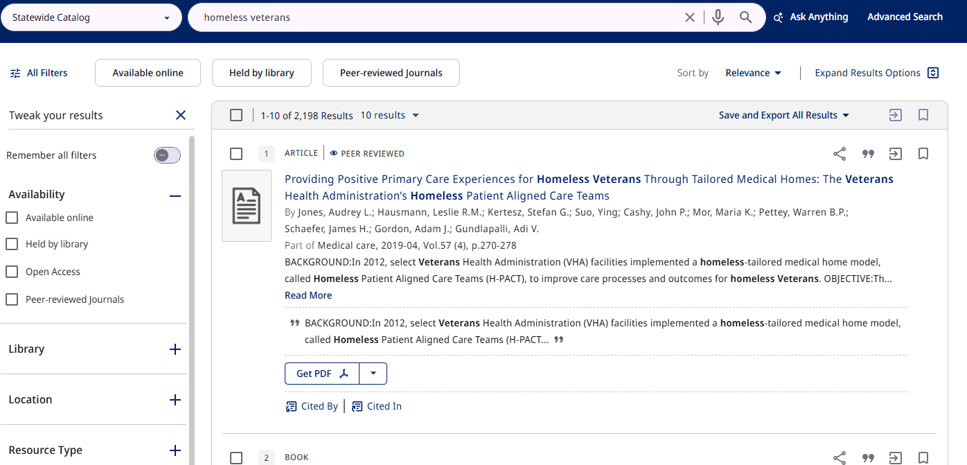 A results page with the scope menu at the left of the search box changed from Everything to Statewide Catalog, with the search term homeless veterans still in the search box. The results and the Tweak your results filter column below are unchanged in layout, showing 1 to 10 of 2,198 results.