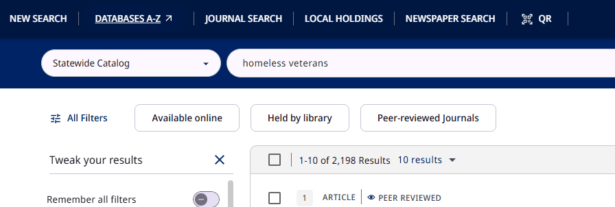 Close-up of the top of the Library Search page. The dark navy menu bar shows the links New Search, Databases A-Z with an external-link arrow, Journal Search, Local Holdings, Newspaper Search, and QR. Directly below, the scope menu is set to Statewide Catalog with the search term homeless veterans in the search box, and the results header reads 1 to 10 of 2,198 results.