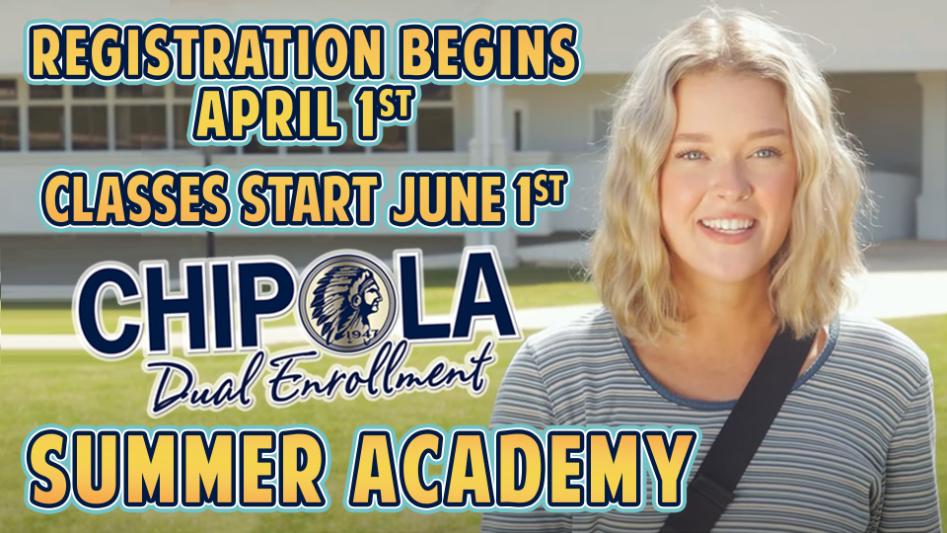 Chipola College Dual Enrollment Summer Academy. Registration begins April 1st. Classes start June 1st. Photo of a student smiling on Chipola's campus