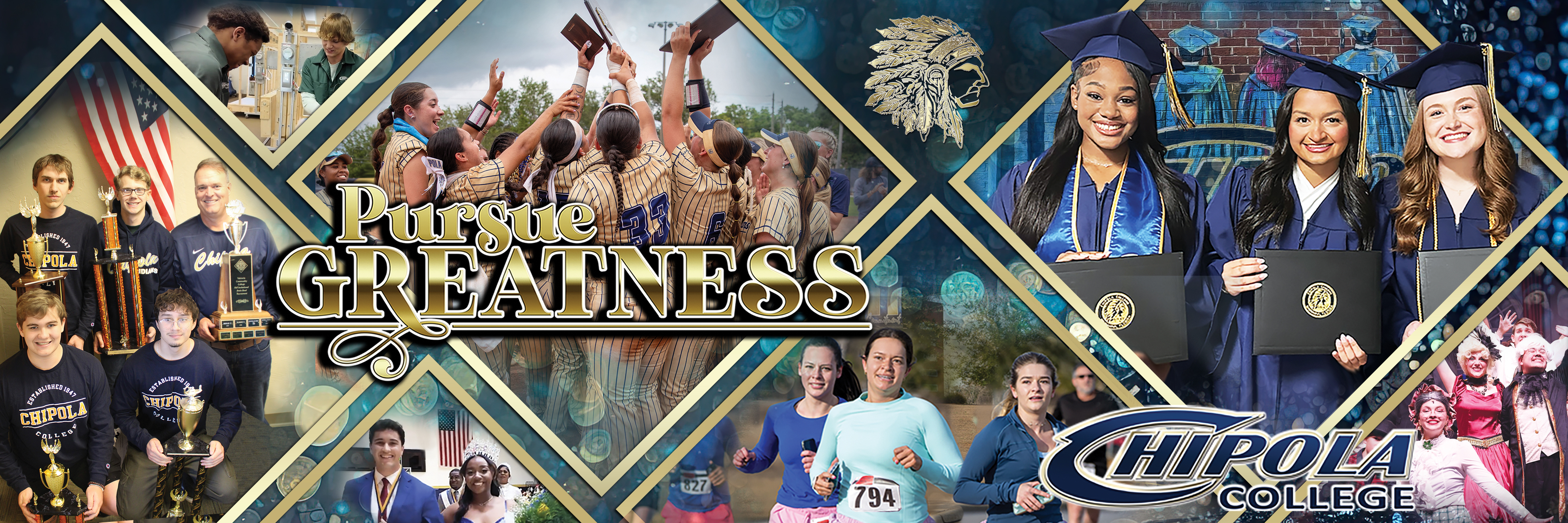 Chipola student, athletes, and graduates with a large gold Pursue Greatness logo