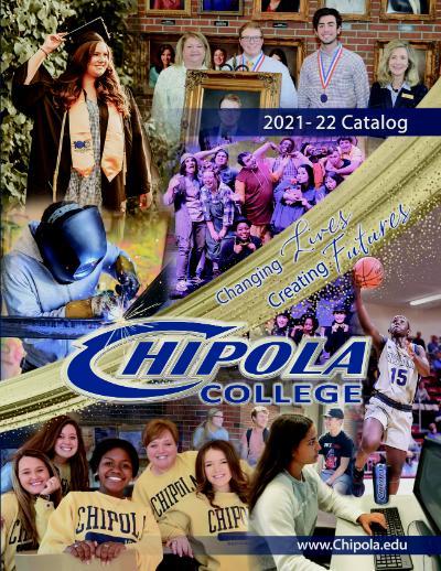 2021 Chipola College catalog cover features collage of photos of students in various settings, including working at computers, on the basketball court, receiving awards, in graduation regalia. Includes the theme 